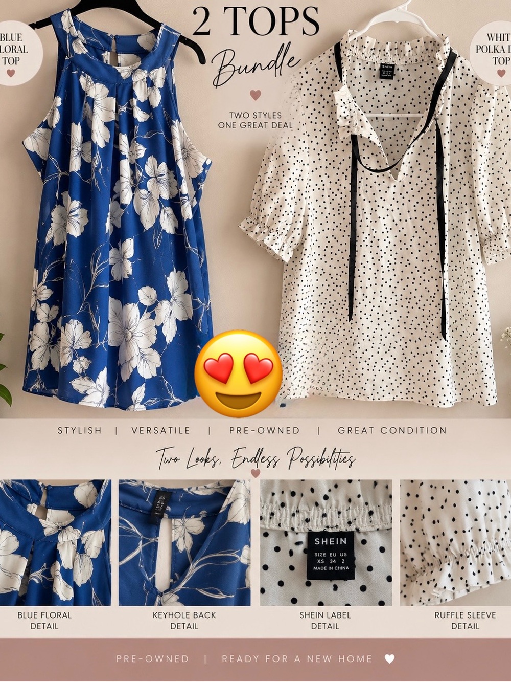 Top Bundle INC Blue Floral Sleeveless + SHEIN Polka Dot Blouse XS